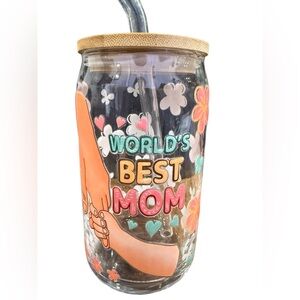 World's Best Mom Glass Mason Jar with Bamboo Lid and Glass Straw